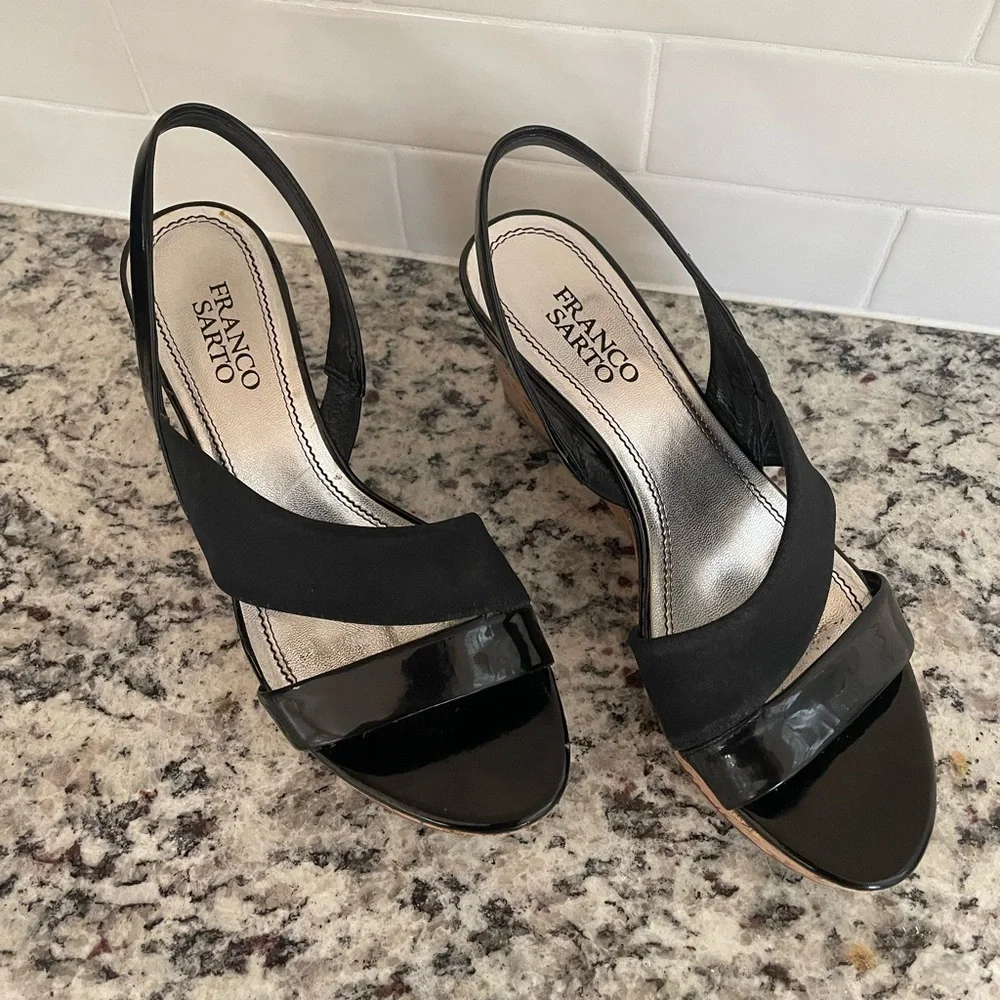 Franco Sarto Slingback Platform Black Wedge Sandal